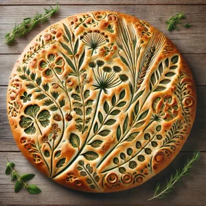 Round focaccia bread decorated with herb and leaf patterns.