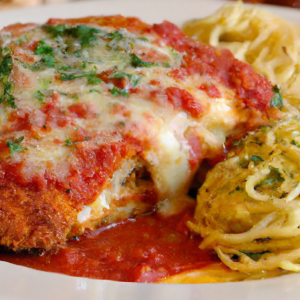 A delicious serving of Chicken Parmesan topped with melted cheese and basil on a white plate.