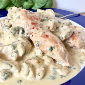 A captivating image featuring creamy Tuscan chicken, garnished with spinach and sun-dried tomatoes, plated elegantly on a white dish.