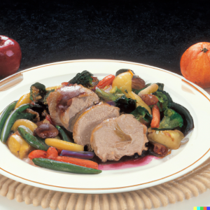 Sliced pork tenderloin served with roasted vegetables on a white plate.