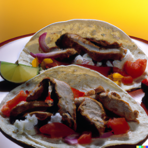Two pork tacos with lime wedge, tomatoes, and red onion.