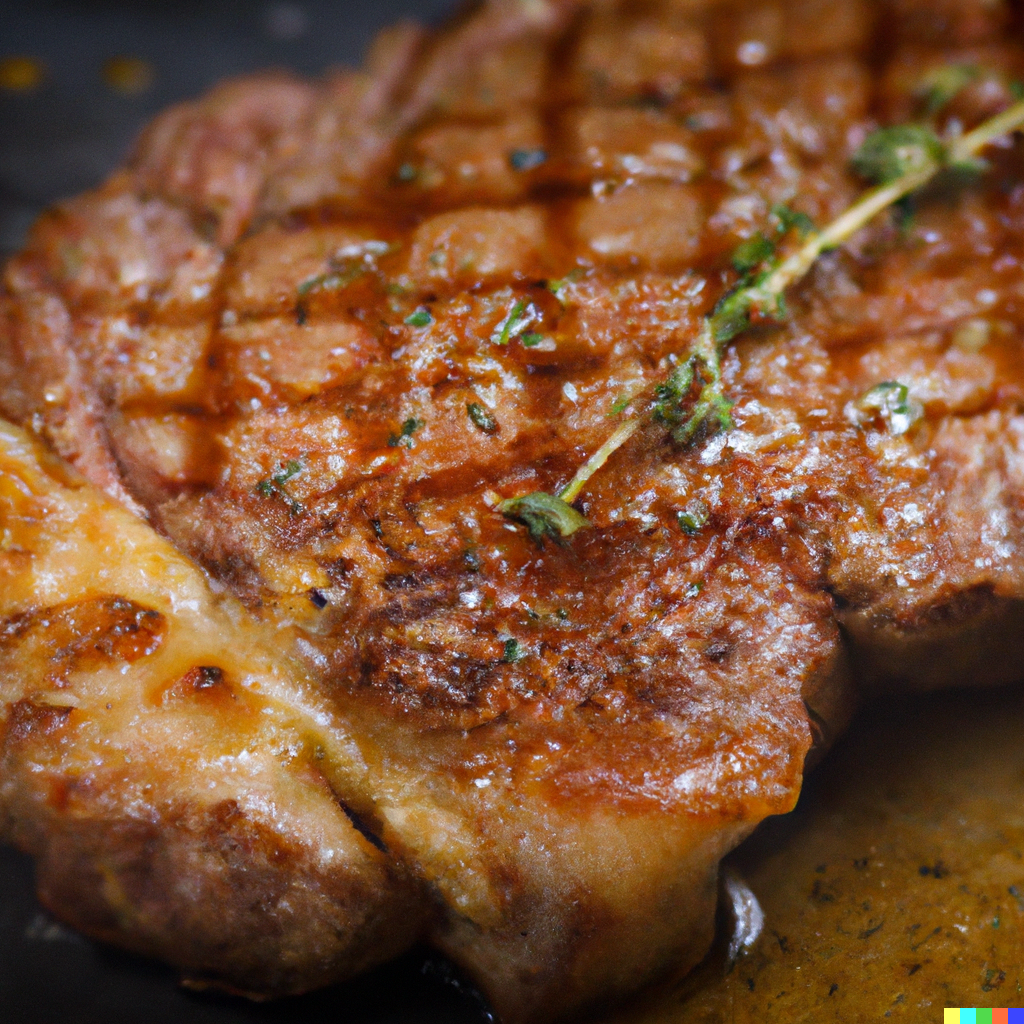 Close-up of a seared porterhouse steak with herb garnish.