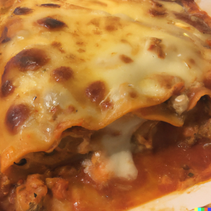 Close-up of lasagna with melted cheese and browned spots.