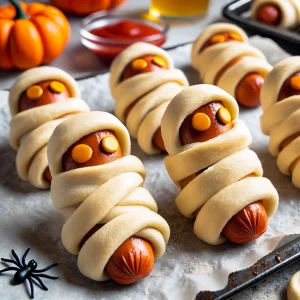 Mummy hot dogs wrapped in crescent dough on a baking tray