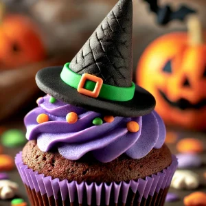 Chocolate cupcake with purple frosting and a black witch hat topper.
