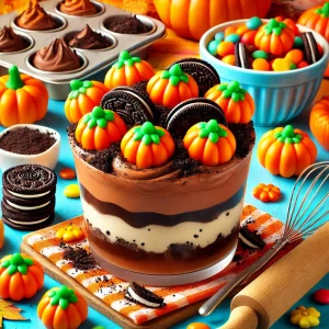 Layered pumpkin patch dirt cups topped with pumpkin candies and Oreo cookies