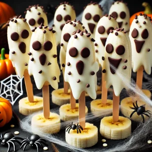 Ghost-shaped banana pops coated in white chocolate with chocolate chip faces, displayed on banana slices with Halloween decorations.