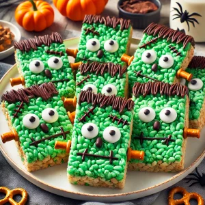 Plate of Frankenstein-themed Rice Krispies treats with green tops, chocolate icing hair, and candy eyes.