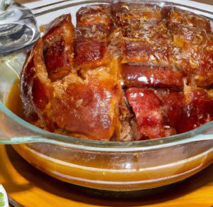 Glazed pork roast in a glass baking dish