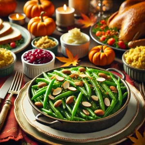Green beans topped with sliced almonds in a serving skillet.