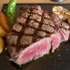 Grilled Ribeye Steak sizzling on a hot grill, perfectly seared and ready to be enjoyed.