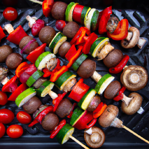 Grilled Veggie Kabobs showcasing an array of colorful vegetables perfectly charred on skewers, ready to be enjoyed.