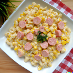 Macaroni casserole with corn and sliced hot dogs in a white serving dish.