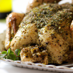An appealing image showcasing a whole, herb-crusted roasted chicken, beautifully browned, presented on a platter with seasonal vegetables and fresh herbs.