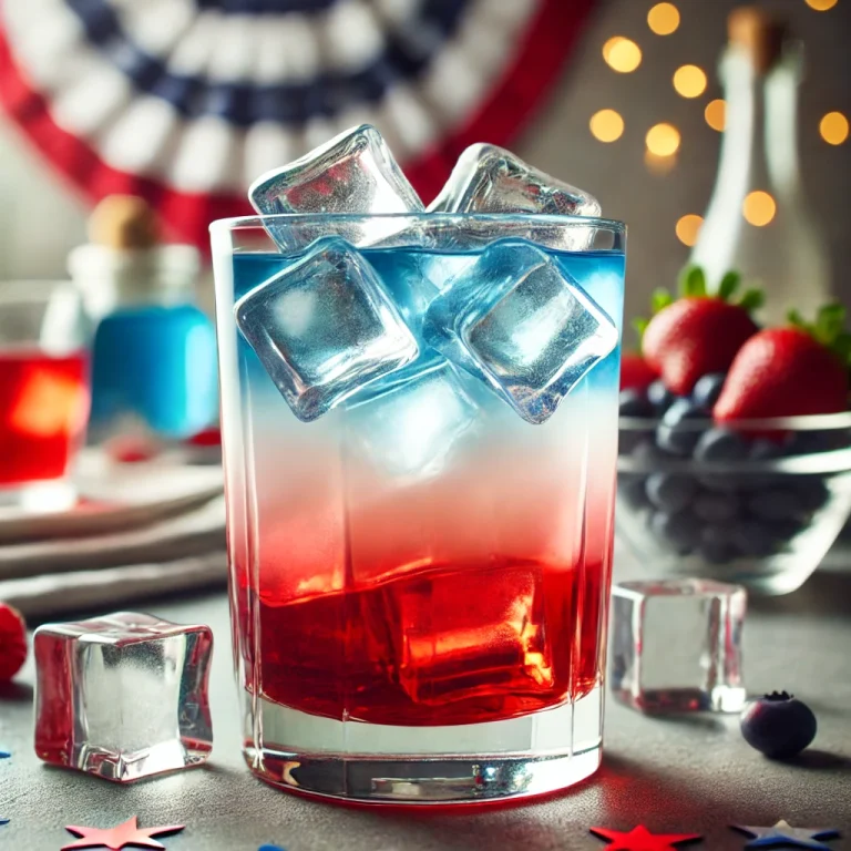 July-4th-drinks-A-tall-clear-glass-filled-with-a-layered-cocktail.-The-drink-has-distinct-red-white-and-blue-layers