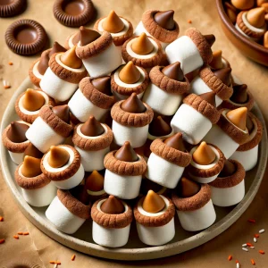 Tray of marshmallow acorn treats with chocolate kisses and cookie caps