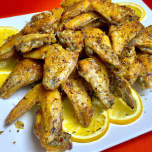 A tantalizing image showcasing a platter of golden lemon pepper chicken wings, served with dipping sauces, celery sticks and garnished with fresh lemon wedges.