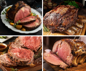 Collage of prime rib roast servings and slices