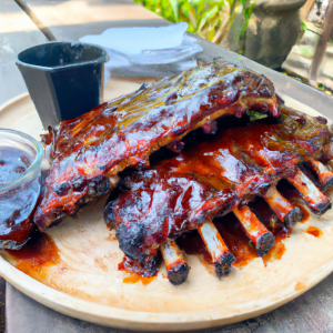 Deliciously glazed Smoky BBQ Ribs sizzling on a charcoal grill, perfectly charred and ready to be savored.