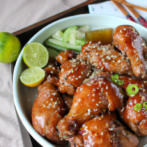 A mouthwatering image of perfectly cooked, honey glazed chicken thighs, topped with a sprinkle of sesame seeds and chopped scallions, served on a rustic wooden table.