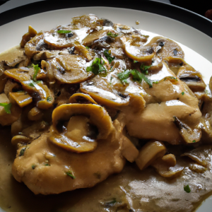 An enticing image of succulent chicken marsala, served on a white plate garnished with fresh parsley, displayed against a rustic backdrop.