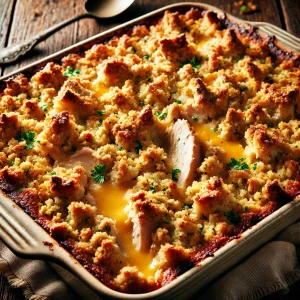 Turkey and stuffing casserole in a baking dish.