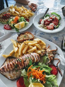 A vibrant Greek meal featuring grilled squid, fresh salad, and fries, perfect for a seafood lover.