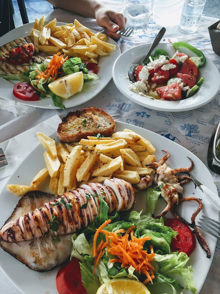 A vibrant Greek meal featuring grilled squid, fresh salad, and fries, perfect for a seafood lover.