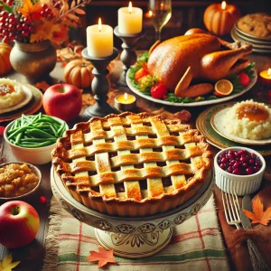 Apple pie with a lattice crust on a holiday table.