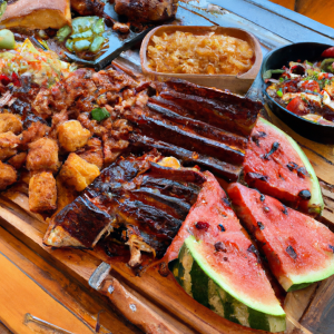 A BBQ board filled with a variety of dishes including brisket biscuits, corn ribs, and a watermelon and pineapple salad.