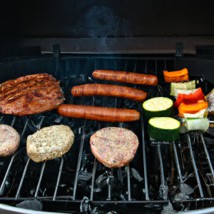 Charcoal grill with sausages, burger patties, and vegetable skewers cooking.