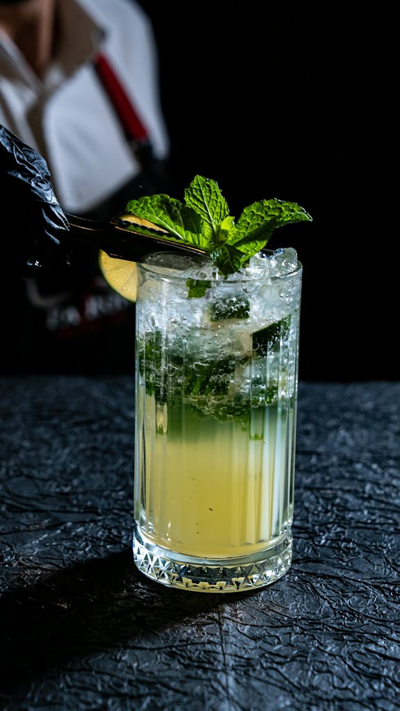 Close-up of a mojito cocktail garnished with fresh mint on a textured surface.