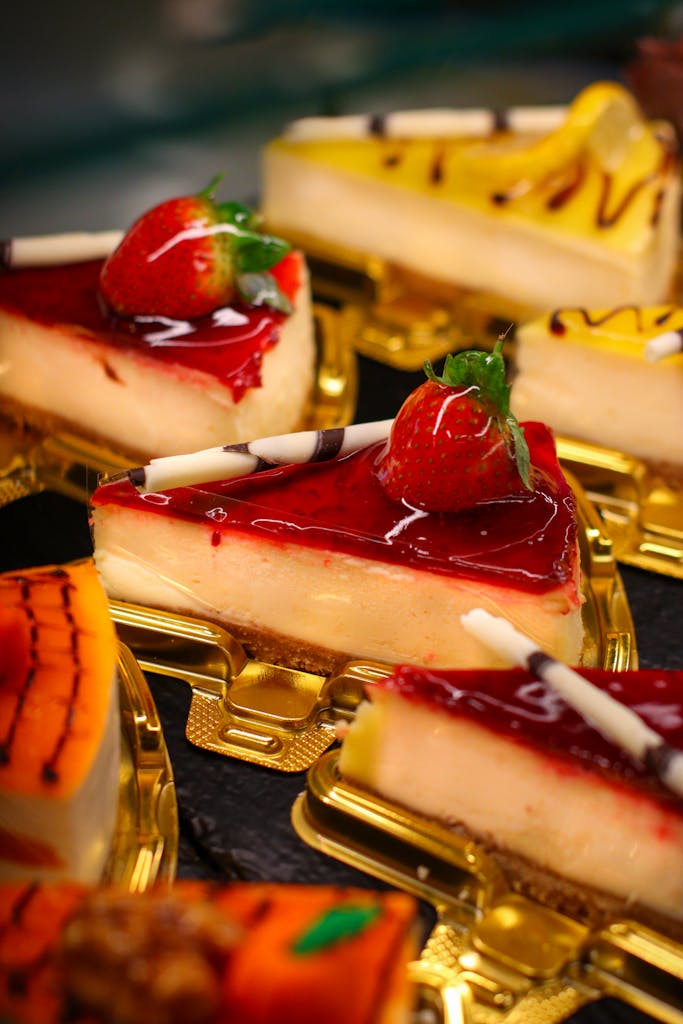 Close-up of gourmet strawberry cheesecake slices with vibrant toppings displayed on golden trays.