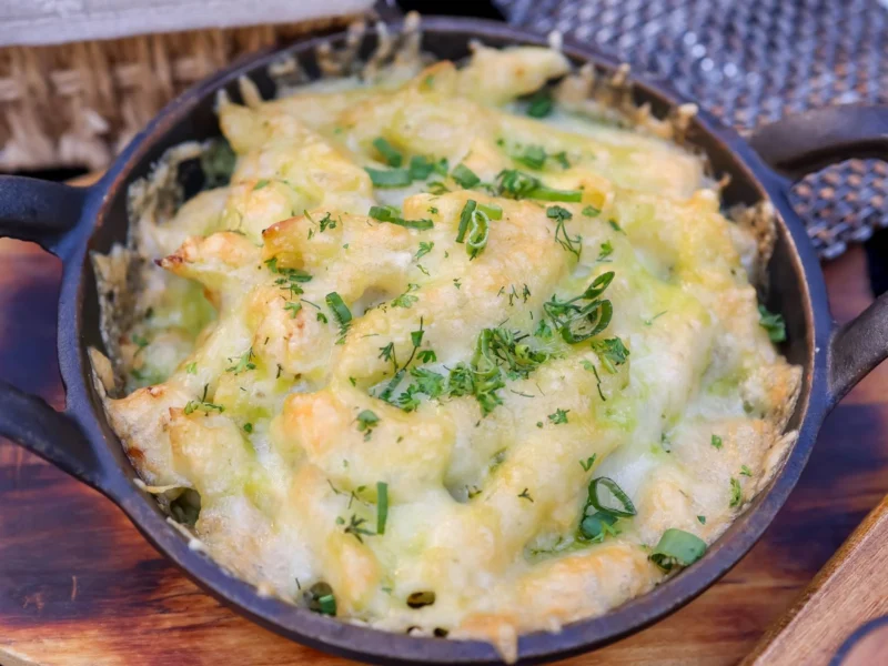 Golden baked pasta in a small skillet with melted cheese and chopped herbs