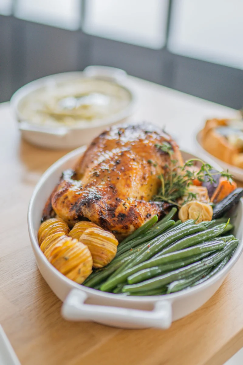 Herb-Roasted Chicken with Fan-Cut Potatoes and Green Beans