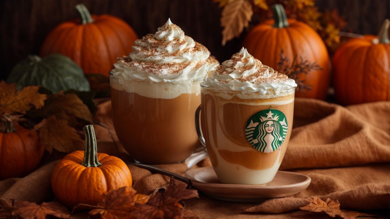 Two pumpkin spice lattes topped with whipped cream and cinnamon, surrounded by pumpkins and autumn leaves.