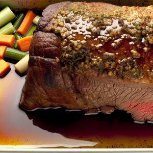 Close-up of roast beef with sauce and cut vegetables.