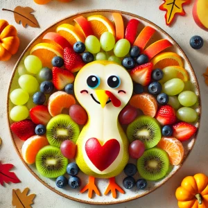 Turkey-shaped fruit platter with grapes, orange slices, strawberries, blueberries, kiwi, and apple slices.
