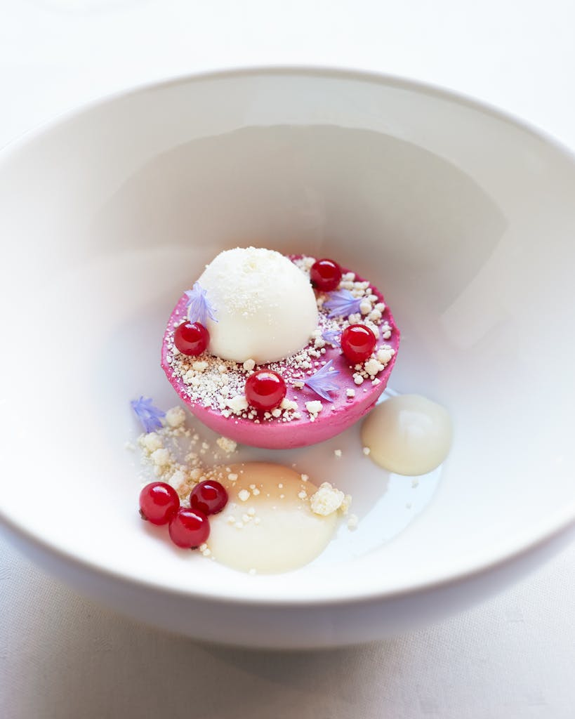 Gourmet dessert with vibrant red currants and delicate presentation in a minimalist white bowl.