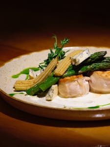 Gourmet dish featuring asparagus, baby corn, and creamy cheese on a ceramic plate.