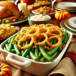 Green bean casserole topped with crispy onion rings in a white baking dish.