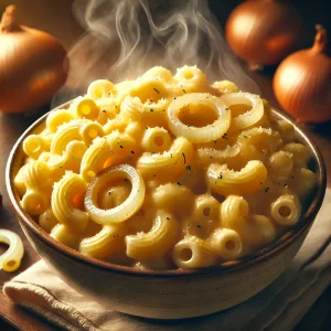 Bowl of mac and cheese topped with onion rings, with steam rising.