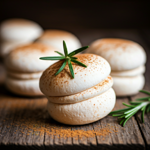 Stacked homemade marshmallows with herb sprigs on a rustic wooden surface.