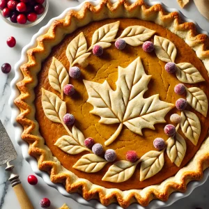 Pumpkin pie decorated with pastry leaves and cranberries.
