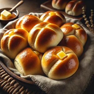 Baked dinner rolls in a cloth-lined bowl with small pieces of butter on top.