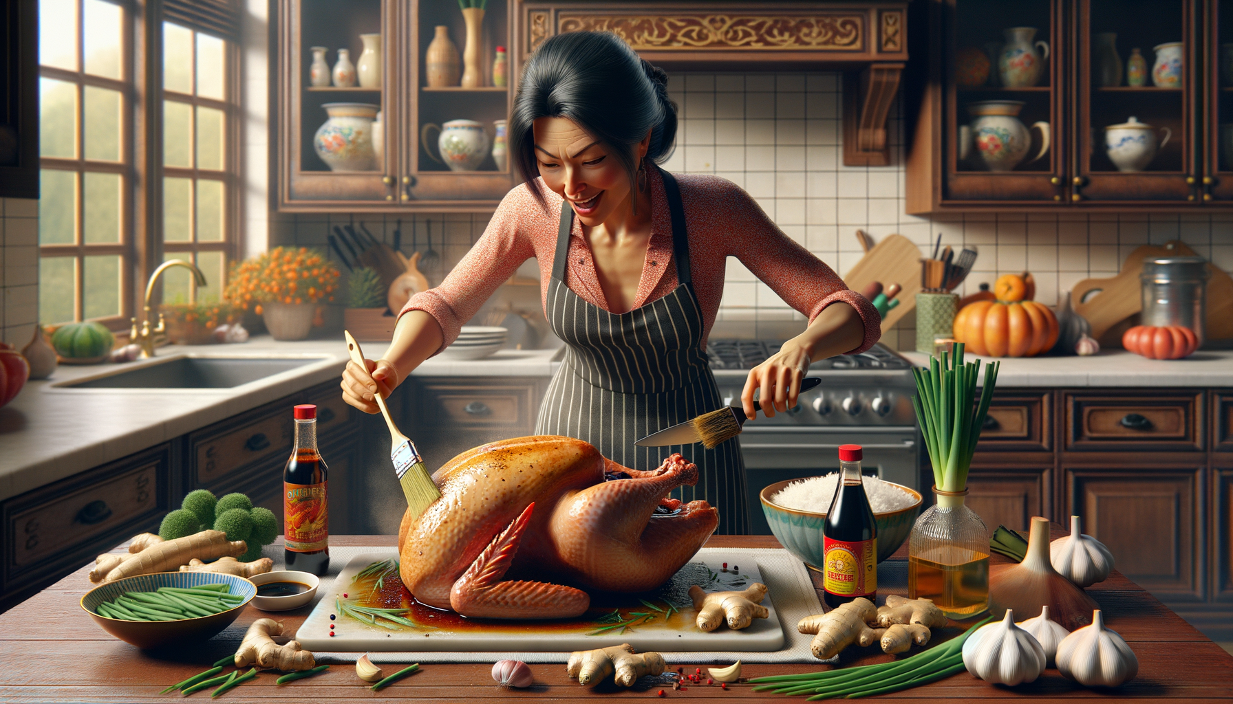 Person basting a whole poultry bird in a kitchen