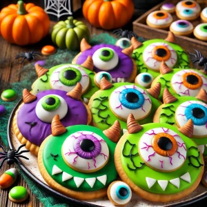 Platter of monster eye cookies with candy eyeballs and Halloween decorations.
