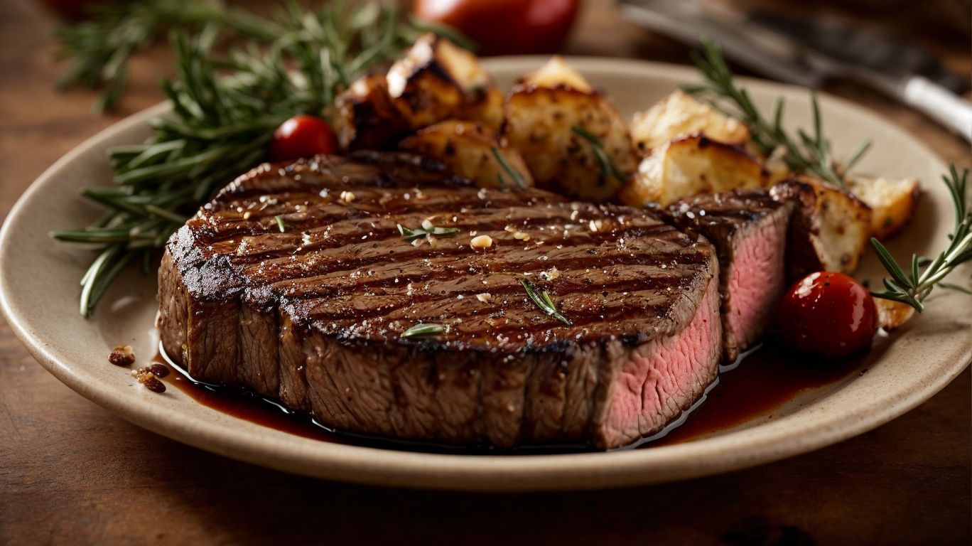 Seared porterhouse steak with rosemary, roasted potatoes, and small red tomatoes on a plate.