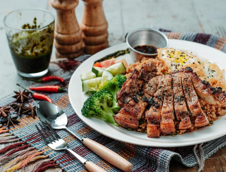 Grilled Pork Chops with Broccoli and Fried Rice