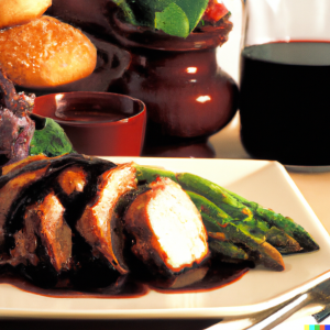 Sliced balsamic-glazed pork tenderloin with green vegetables on a plate.